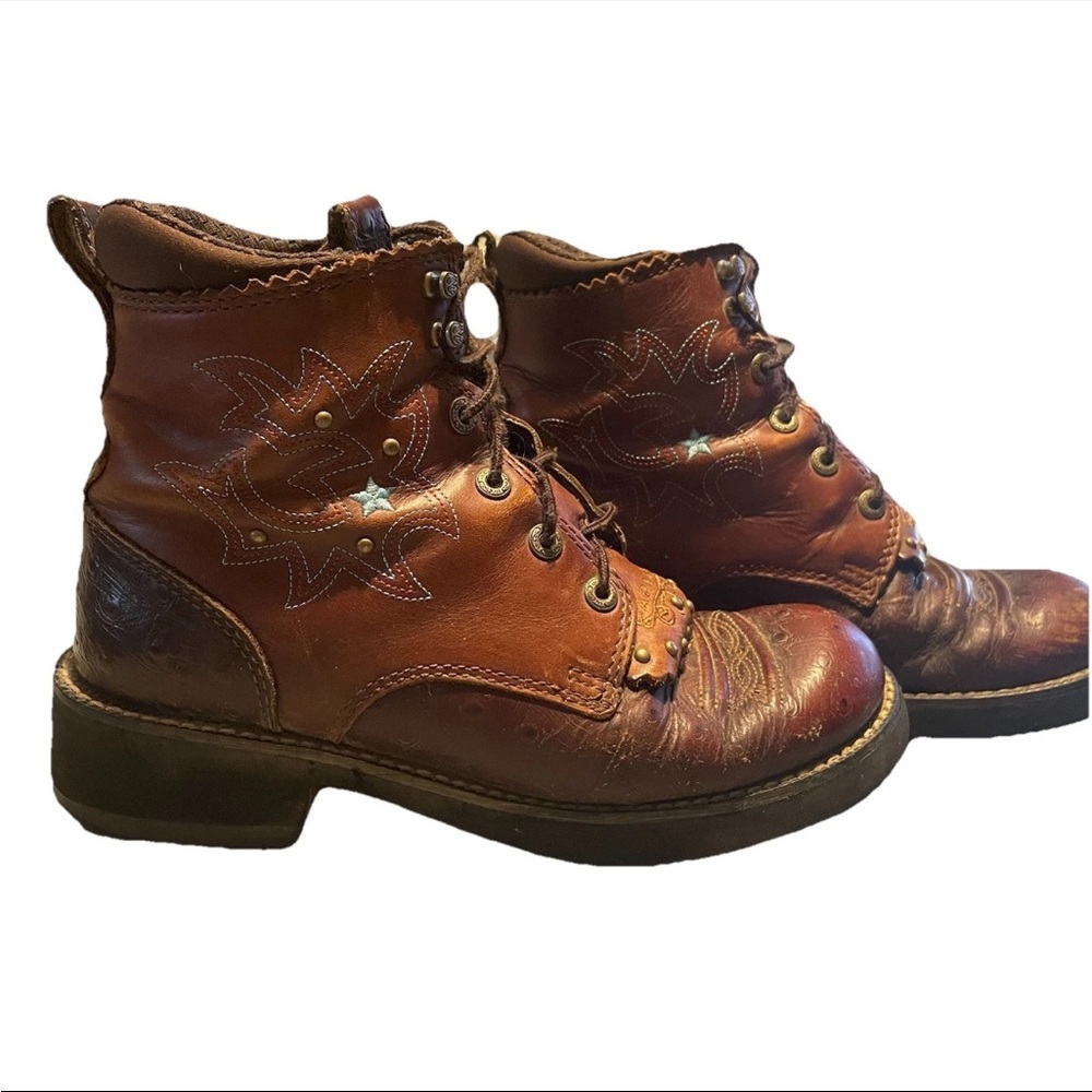Ariat Probaby Lace Up Womens 6 B Ostrich Leather Chunky Ankle Boots 17130 Embroi